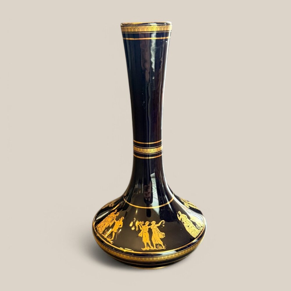 Spyropoulos Greek Greece 24k Midnight Blue Gold Plated Floral Vase